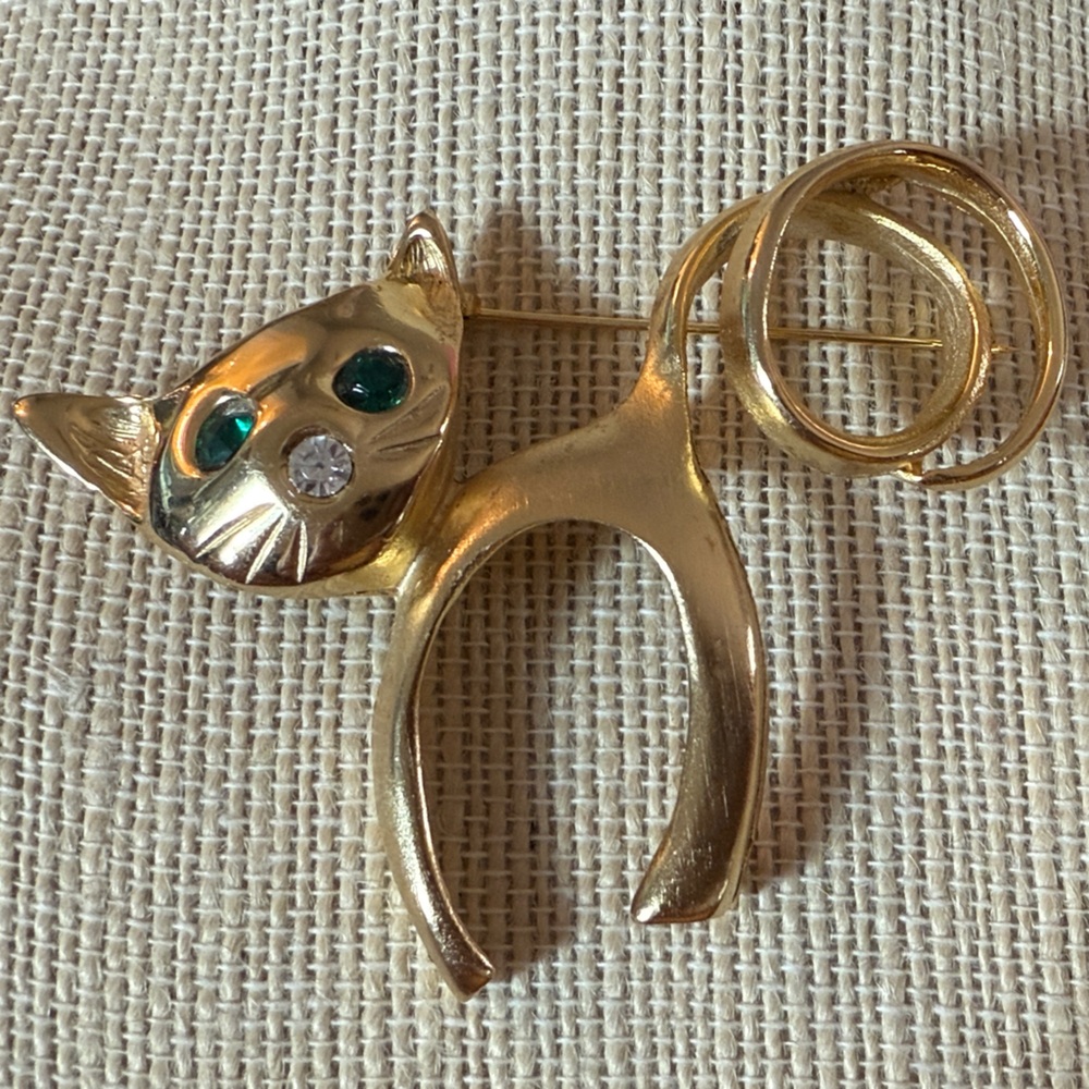 Rare Huge ULTRA CRAFT 3” Modernist Cat Brooch Rhinestones Signed Vintage Jewelry